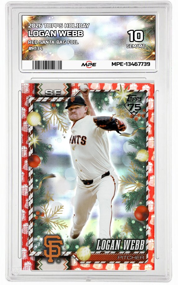 2026 TOPPS HOLIDAY RED SANTA BAG FOIL #H134 LOGAN WEBB MPE 10 GEM/MT — graded card auctioned from the MPE vault