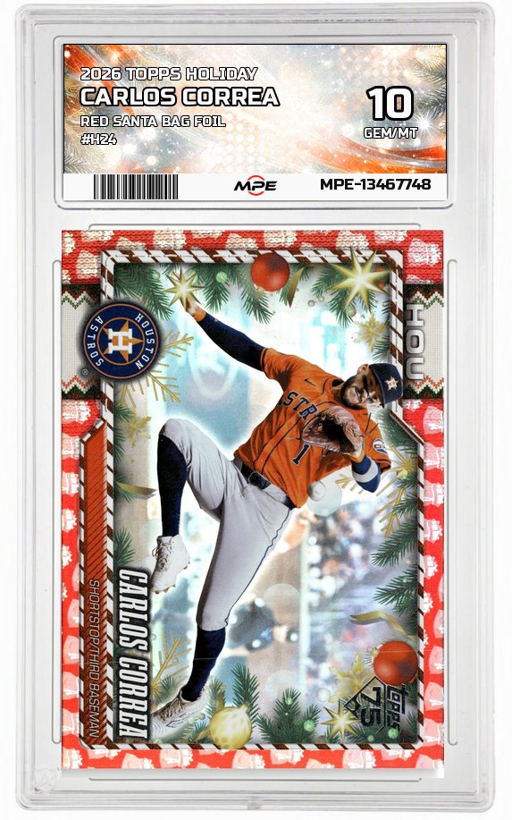 2026 TOPPS HOLIDAY RED SANTA BAG FOIL #H24 CARLOS CORREA MPE 10 GEM/MT — graded card auctioned from the MPE vault