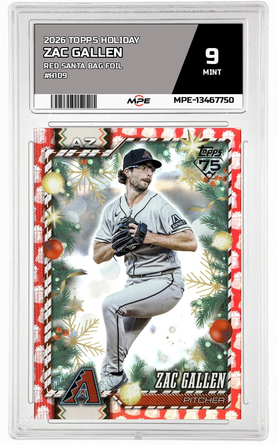 2026 TOPPS HOLIDAY RED SANTA BAG FOIL #H109 ZAC GALLEN MPE 9 MINT — graded card auctioned from the MPE vault