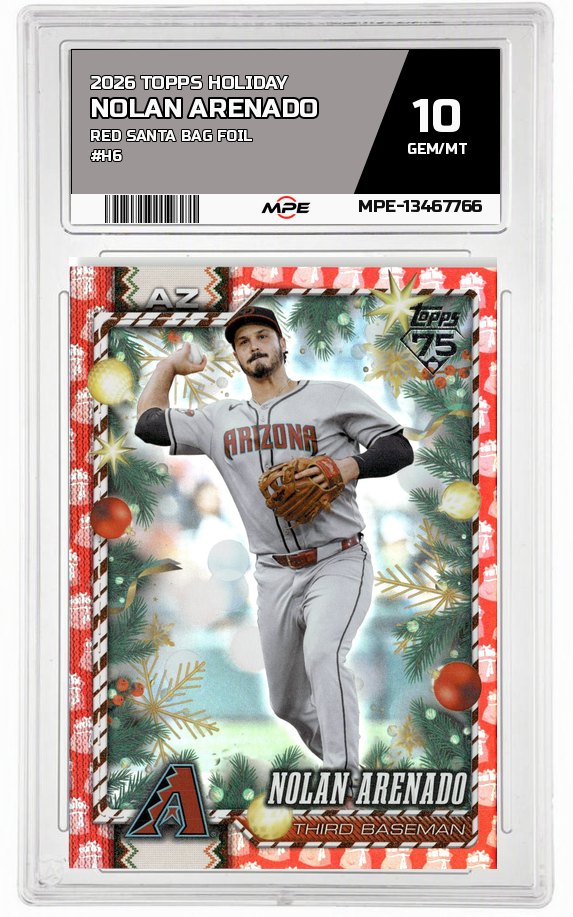2026 TOPPS HOLIDAY RED SANTA BAG FOIL #H6 NOLAN ARENADO MPE 10 GEM/MT — graded card auctioned from the MPE vault