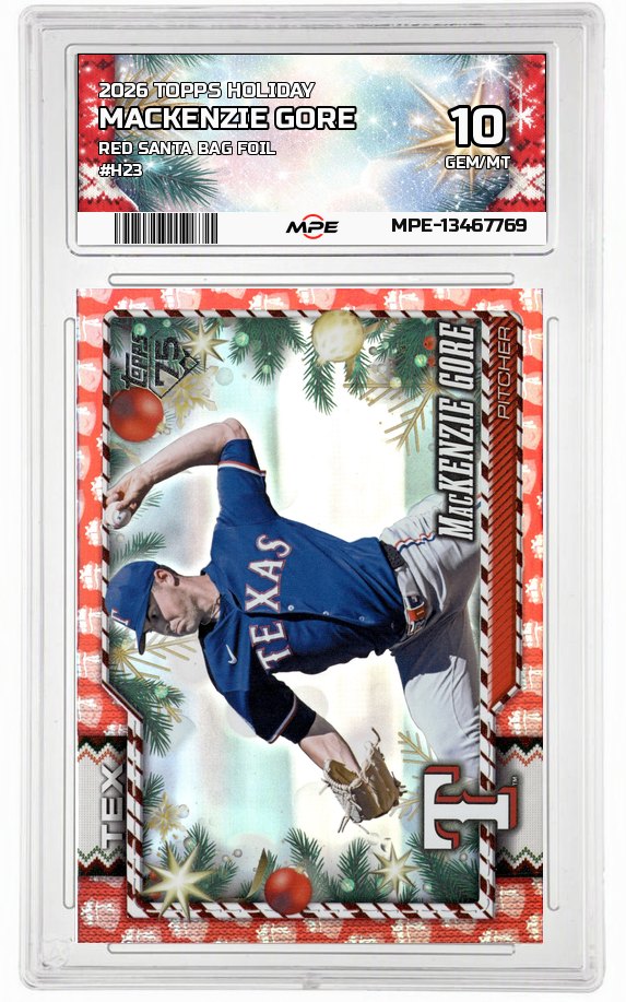 2026 TOPPS HOLIDAY RED SANTA BAG FOIL #H23 MACKENZIE GORE MPE 10 GEM/MT — graded card auctioned from the MPE vault
