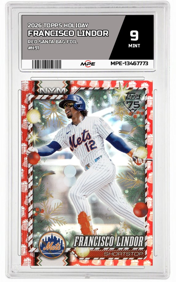 2026 TOPPS HOLIDAY RED SANTA BAG FOIL #H91 FRANCISCO LINDOR MPE 9 MINT — graded card auctioned from the MPE vault