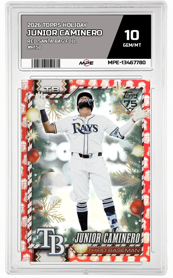 2026 TOPPS HOLIDAY RED SANTA BAG FOIL #H150 JUNIOR CAMINERO MPE 10 GEM/MT — graded card auctioned from the MPE vault