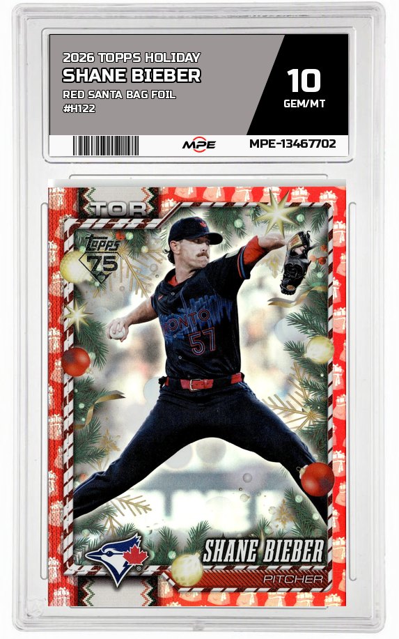 2026 TOPPS HOLIDAY RED SANTA BAG FOIL #H122 SHANE BIEBER MPE 10 GEM/MT — graded card auctioned from the MPE vault