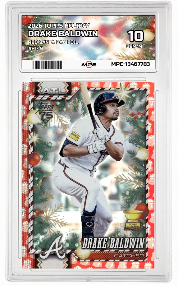 2026 TOPPS HOLIDAY RED SANTA BAG FOIL #H149 DRAKE BALDWIN MPE 10 GEM/MT — graded card auctioned from the MPE vault