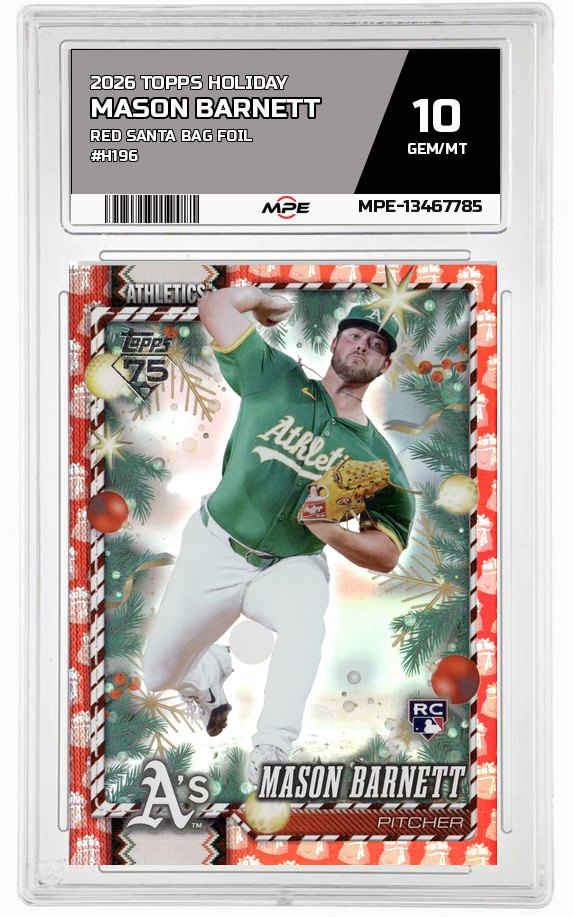 2026 TOPPS HOLIDAY RED SANTA BAG FOIL #H196 MASON BARNETT MPE 10 GEM/MT — graded card auctioned from the MPE vault
