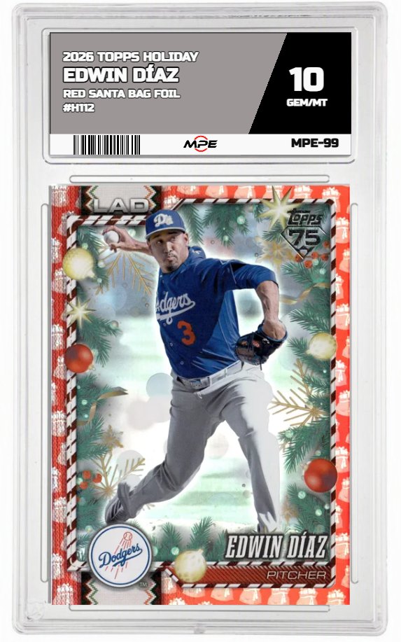 2026 TOPPS HOLIDAY RED SANTA BAG FOIL #H112 EDWIN DÍAZ MPE 10 GEM/MT — graded card auctioned from the MPE vault