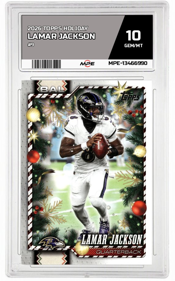 2026 TOPPS HOLIDAY #9 LAMAR JACKSON MPE 10 GEM/MT — graded card auctioned from the MPE vault