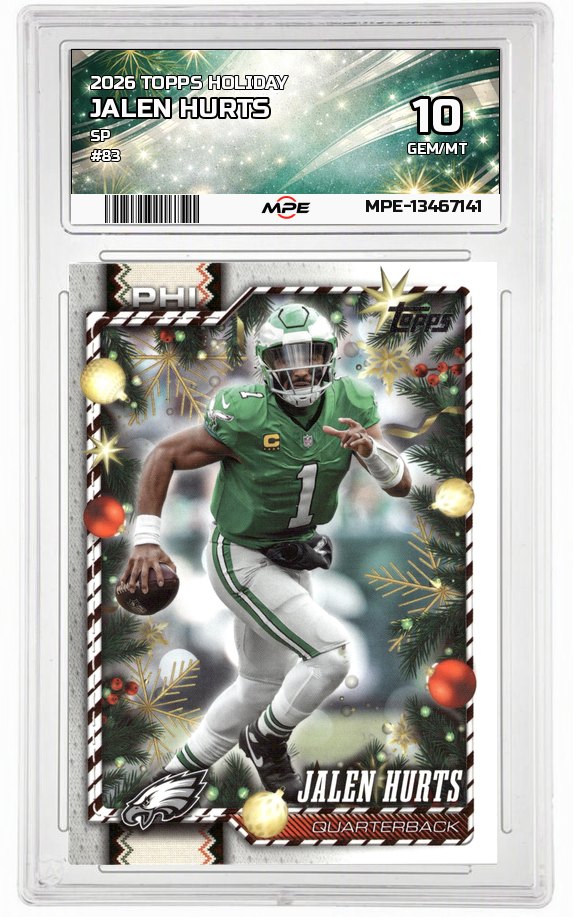 2026 TOPPS HOLIDAY SP #83 JALEN HURTS MPE 10 GEM/MT — graded card auctioned from the MPE vault