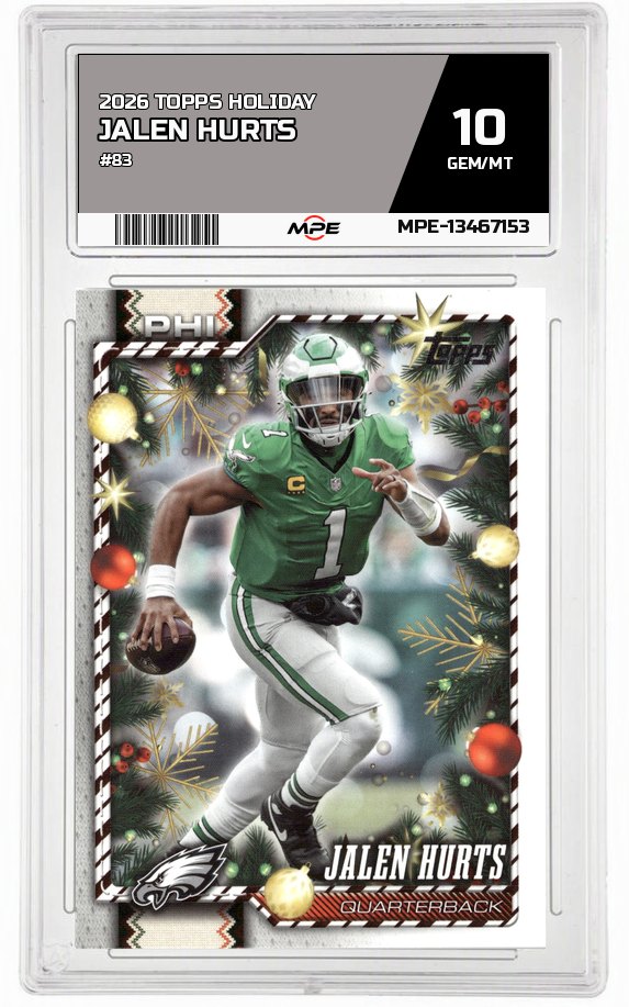 2026 TOPPS HOLIDAY #83 JALEN HURTS MPE 10 GEM/MT — graded card auctioned from the MPE vault