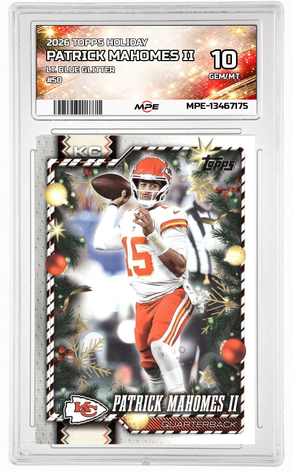 2026 TOPPS HOLIDAY LT. BLUE GLITTER #50 PATRICK MAHOMES II MPE 10 GEM/MT — graded card auctioned from the MPE vault