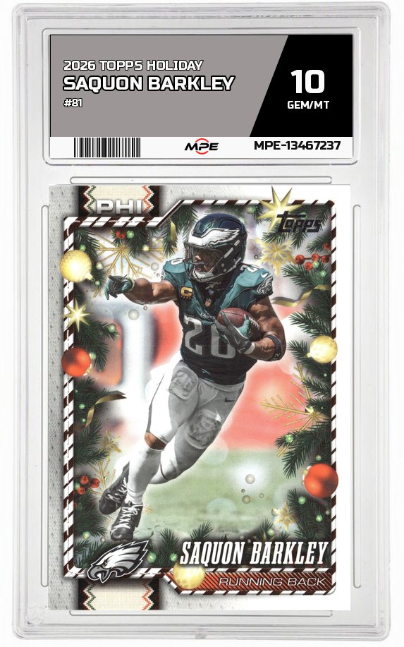 2026 TOPPS HOLIDAY #81 SAQUON BARKLEY MPE 10 GEM/MT — graded card auctioned from the MPE vault