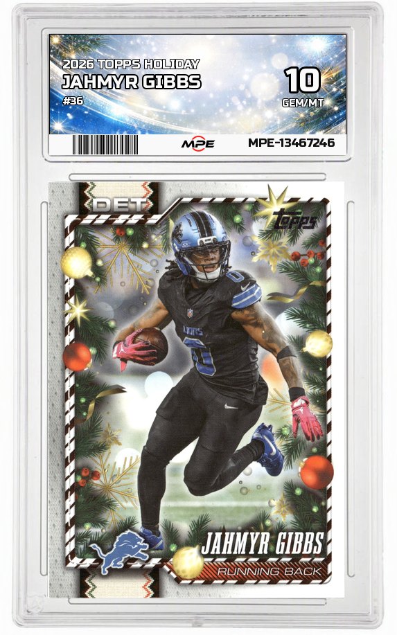 2026 TOPPS HOLIDAY #36 JAHMYR GIBBS MPE 10 GEM/MT — graded card auctioned from the MPE vault