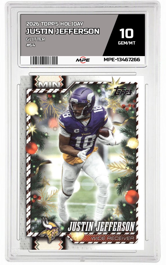 2026 TOPPS HOLIDAY GLITTER #64 JUSTIN JEFFERSON MPE 10 GEM/MT — graded card auctioned from the MPE vault