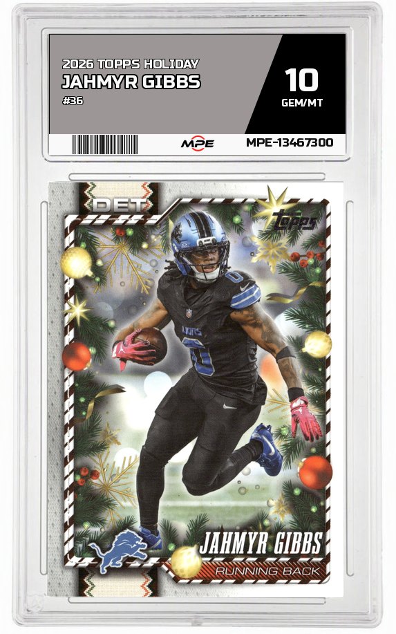 2026 TOPPS HOLIDAY #36 JAHMYR GIBBS MPE 10 GEM/MT — graded card auctioned from the MPE vault
