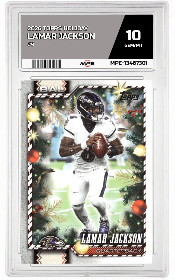 2026 TOPPS HOLIDAY #9 LAMAR JACKSON MPE 10 GEM/MT — graded card auctioned from the MPE vault