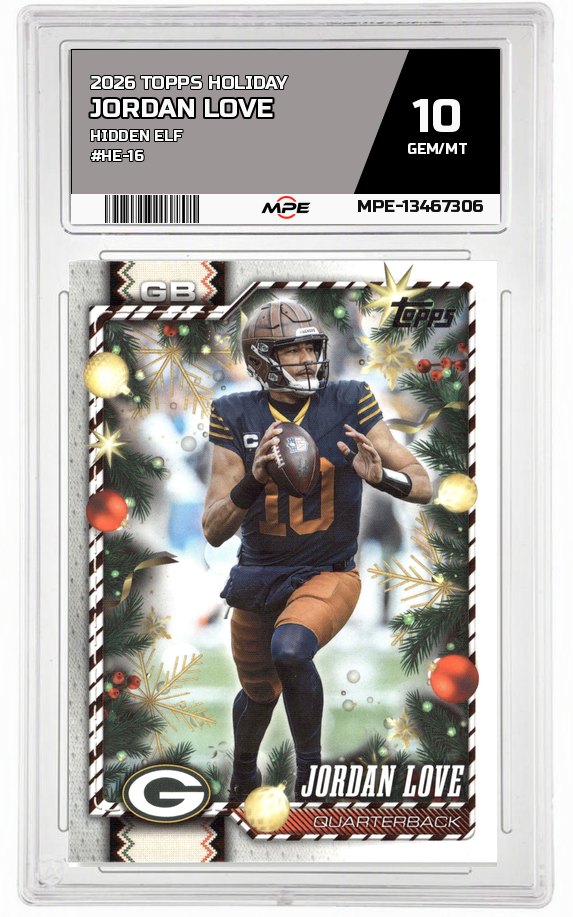 2026 TOPPS HOLIDAY HIDDEN ELF #HE-16 JORDAN LOVE MPE 10 GEM/MT — graded card auctioned from the MPE vault