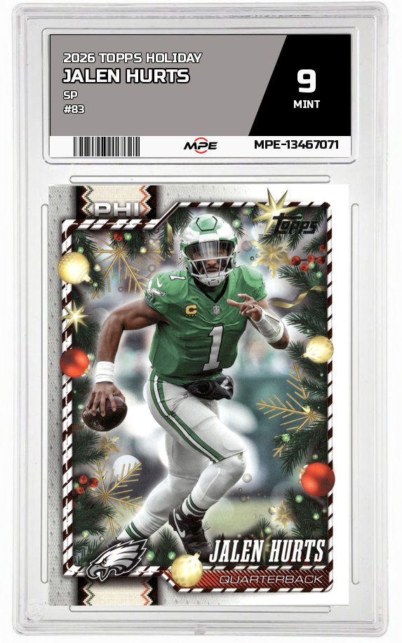 2026 TOPPS HOLIDAY SP #83 JALEN HURTS MPE 9 MINT — graded card auctioned from the MPE vault
