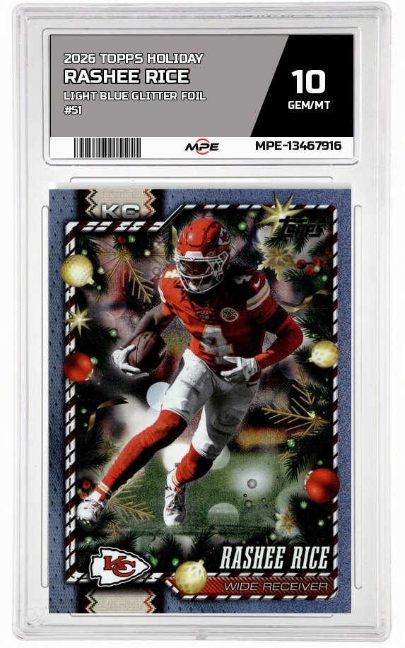 2026 TOPPS HOLIDAY LIGHT BLUE GLITTER FOIL #51 RASHEE RICE MPE 10 GEM/MT — graded card auctioned from the MPE vault