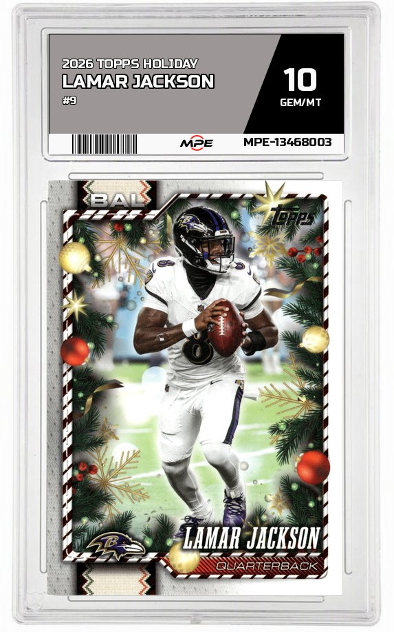 2026 TOPPS HOLIDAY #9 LAMAR JACKSON MPE 10 GEM/MT — graded card auctioned from the MPE vault