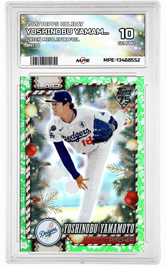 2026 TOPPS HOLIDAY GREEN MISTLETOE FOIL #H134 YOSHINOBU YAMAMOTO MPE 10 GEM/MT — graded card auctioned from the MPE vault