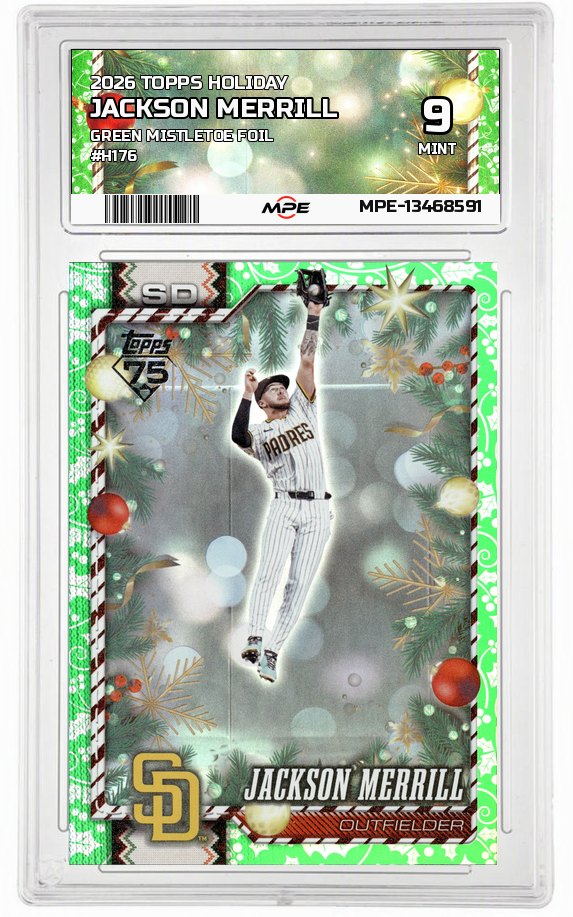 2026 TOPPS HOLIDAY GREEN MISTLETOE FOIL #H176 JACKSON MERRILL MPE 9 MINT — graded card auctioned from the MPE vault