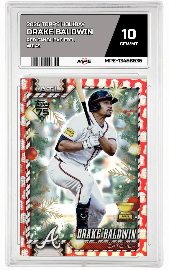 2026 TOPPS HOLIDAY RED SANTA BAG FOIL #H149 DRAKE BALDWIN MPE 10 GEM/MT — graded card auctioned from the MPE vault