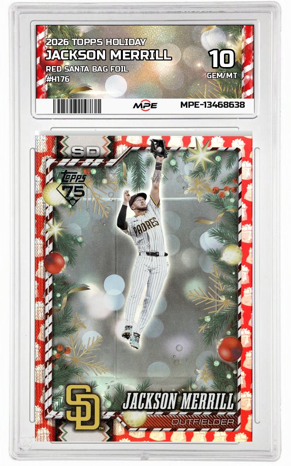 2026 TOPPS HOLIDAY RED SANTA BAG FOIL #H176 JACKSON MERRILL MPE 10 GEM/MT — graded card auctioned from the MPE vault