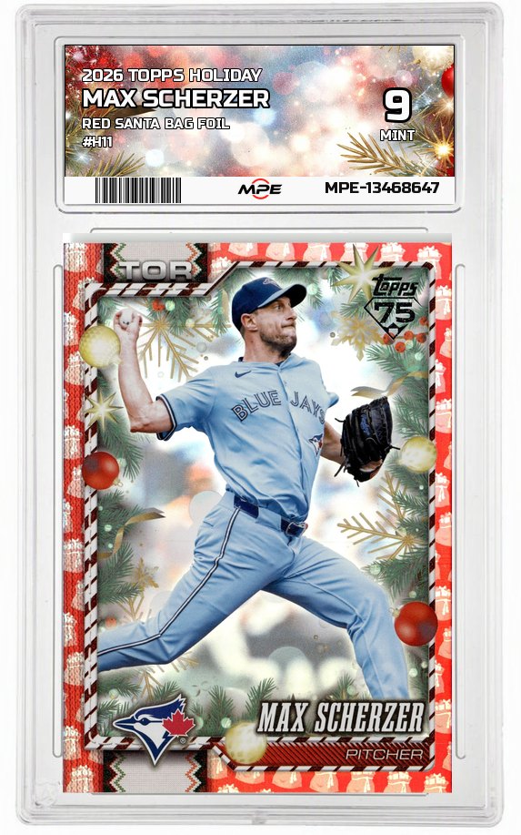 2026 TOPPS HOLIDAY RED SANTA BAG FOIL #H11 MAX SCHERZER MPE 9 MINT — graded card auctioned from the MPE vault
