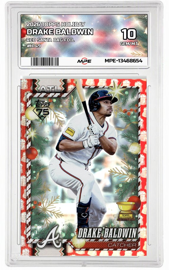 2026 TOPPS HOLIDAY RED SANTA BAG FOIL #H149 DRAKE BALDWIN MPE 10 GEM/MT — graded card auctioned from the MPE vault