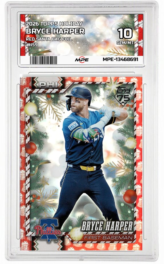 2026 TOPPS HOLIDAY RED SANTA BAG FOIL #H59 BRYCE HARPER MPE 10 GEM/MT — graded card auctioned from the MPE vault