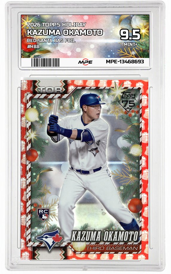 2026 TOPPS HOLIDAY RED SANTA BAG FOIL #H88 KAZUMA OKAMOTO MPE 9.5 MINT+ — graded card auctioned from the MPE vault