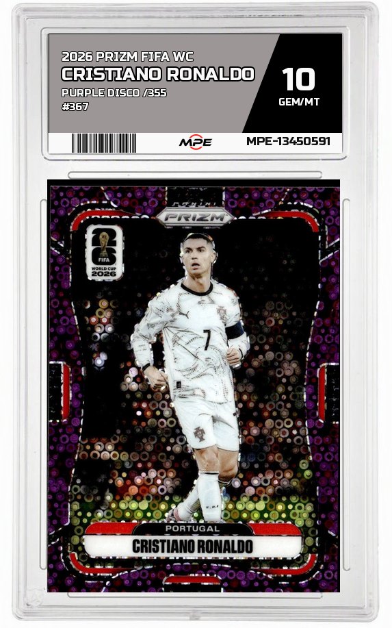2026 PRIZM FIFA WC PURPLE DISCO /355 #367 CRISTIANO RONALDO MPE 10 GEM/MT — graded card auctioned from the MPE vault