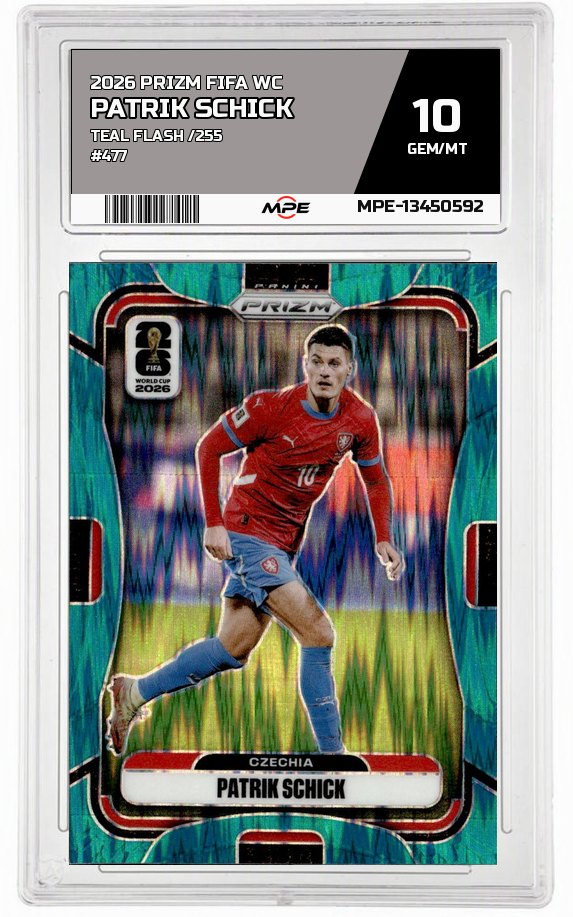 2026 PRIZM FIFA WC TEAL FLASH /255 #477 PATRIK SCHICK MPE 10 GEM/MT — graded card auctioned from the MPE vault