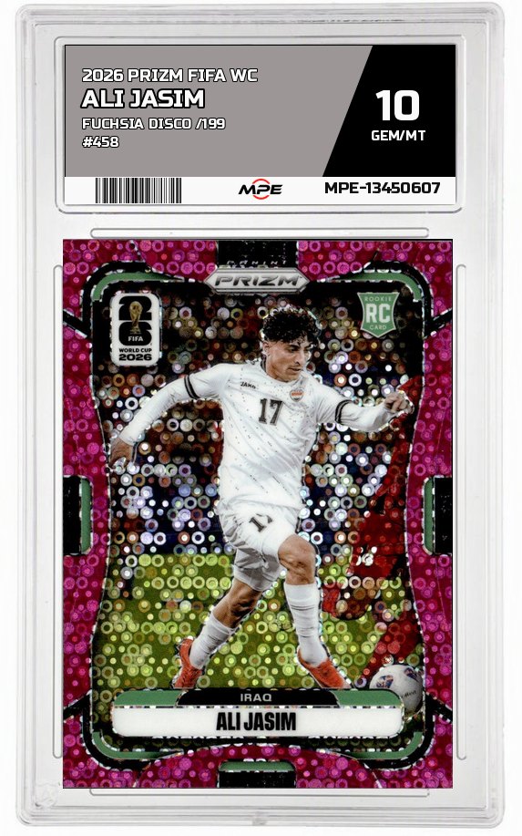 2026 PRIZM FIFA WC Fuchsia Disco /199 #458 ALI JASIM MPE 10 GEM/MT — graded card auctioned from the MPE vault