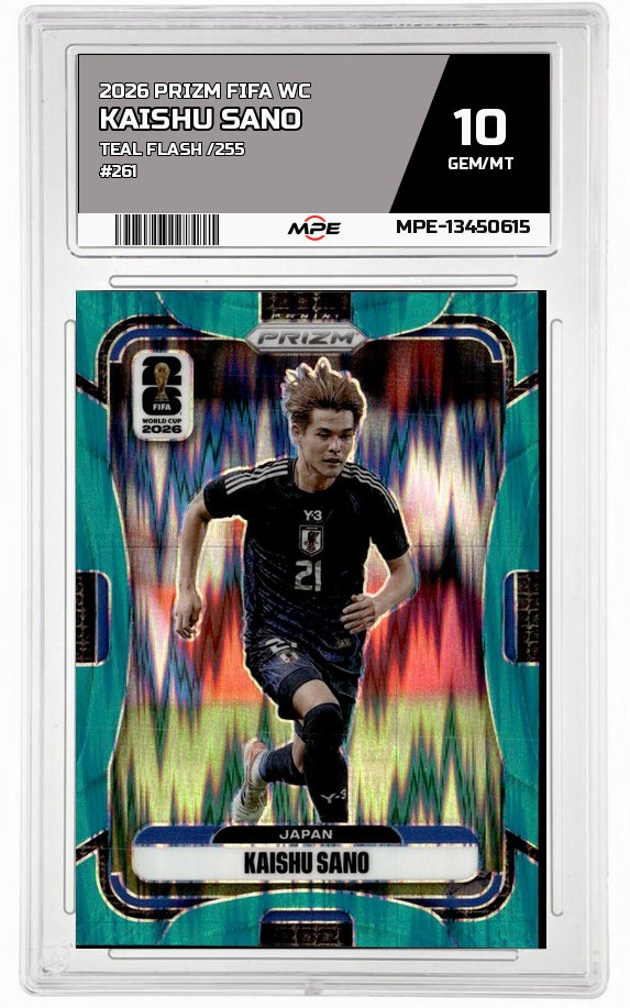 2026 PRIZM FIFA WC TEAL FLASH /255 #261 KAISHU SANO MPE 10 GEM/MT — graded card auctioned from the MPE vault