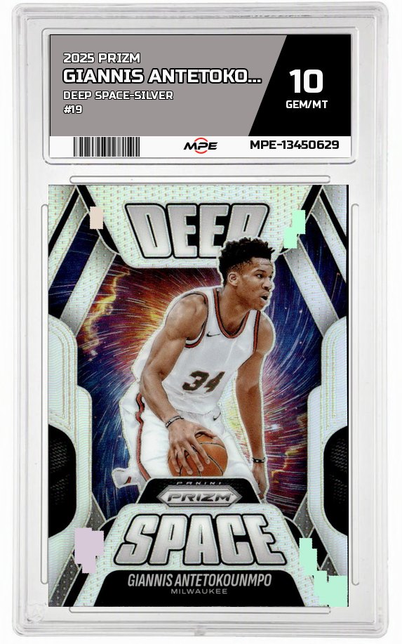 2025 PRIZM DEEP SPACE-SILVER #19 GIANNIS ANTETOKOUNMPO MPE 10 GEM/MT — graded card auctioned from the MPE vault