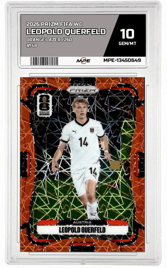 2026 PRIZM FIFA WC ORANGE LAZER /260 #148 LEOPOLD QUERFELD MPE 10 GEM/MT — graded card auctioned from the MPE vault