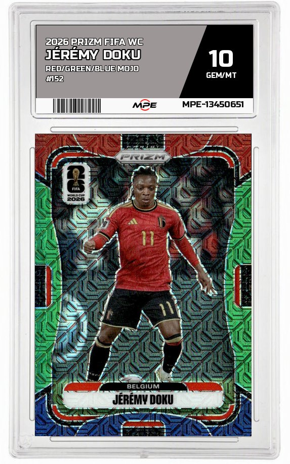 2026 PRIZM FIFA WC RED/GREEN/BLUE MOJO #152 JÉRÉMY DOKU MPE 10 GEM/MT — graded card auctioned from the MPE vault