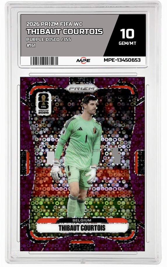 2026 PRIZM FIFA WC Purple Disco /355 #161 THIBAUT COURTOIS MPE 10 GEM/MT — graded card auctioned from the MPE vault