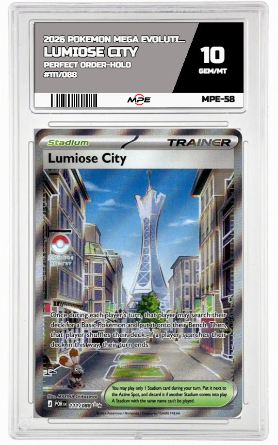 2026 POKEMON MEGA EVOLUTION PERFECT ORDER-HOLO #111/088 Lumiose City MPE 10 GEM/MT — graded card auctioned from the MPE vault