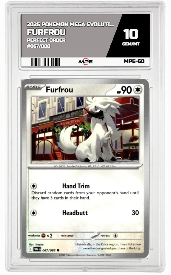 2026 POKEMON MEGA EVOLUTION PERFECT ORDER #067/088 Furfrou MPE 10 GEM/MT — graded card auctioned from the MPE vault