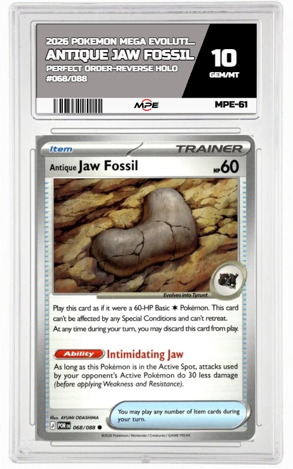 2026 POKEMON MEGA EVOLUTION PERFECT ORDER-REVERSE HOLO #068/088 ANTIQUE JAW FOSSIL MPE 10 GEM/MT — graded card auctioned from the MPE vault