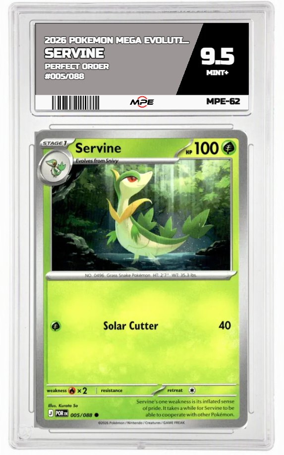 2026 POKEMON MEGA EVOLUTION PERFECT ORDER #005/088 Servine MPE 9.5 MINT+ — graded card auctioned from the MPE vault