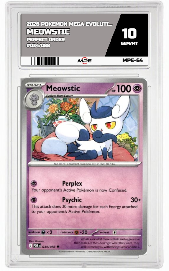 2026 POKEMON MEGA EVOLUTION PERFECT ORDER #034/088 MEOWSTIC MPE 10 GEM/MT — graded card auctioned from the MPE vault