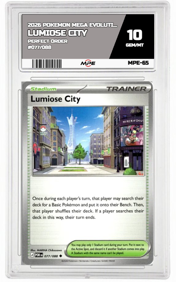 2026 POKEMON MEGA EVOLUTION PERFECT ORDER #077/088 LUMIOSE CITY MPE 10 GEM/MT — graded card auctioned from the MPE vault