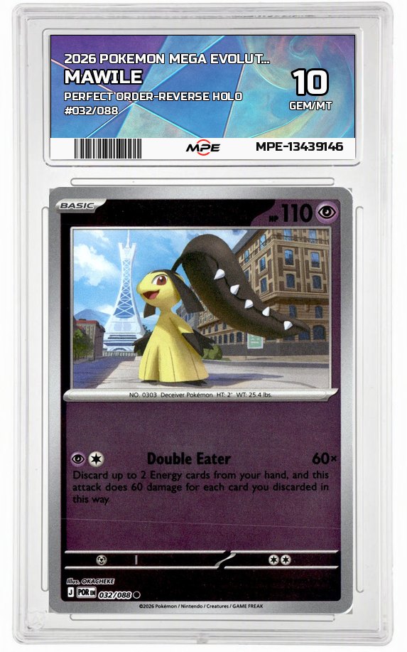 2026 POKEMON MEGA EVOLUTION PERFECT ORDER-REVERSE HOLO #032/088 Mawile MPE 10 GEM/MT — graded card auctioned from the MPE vault