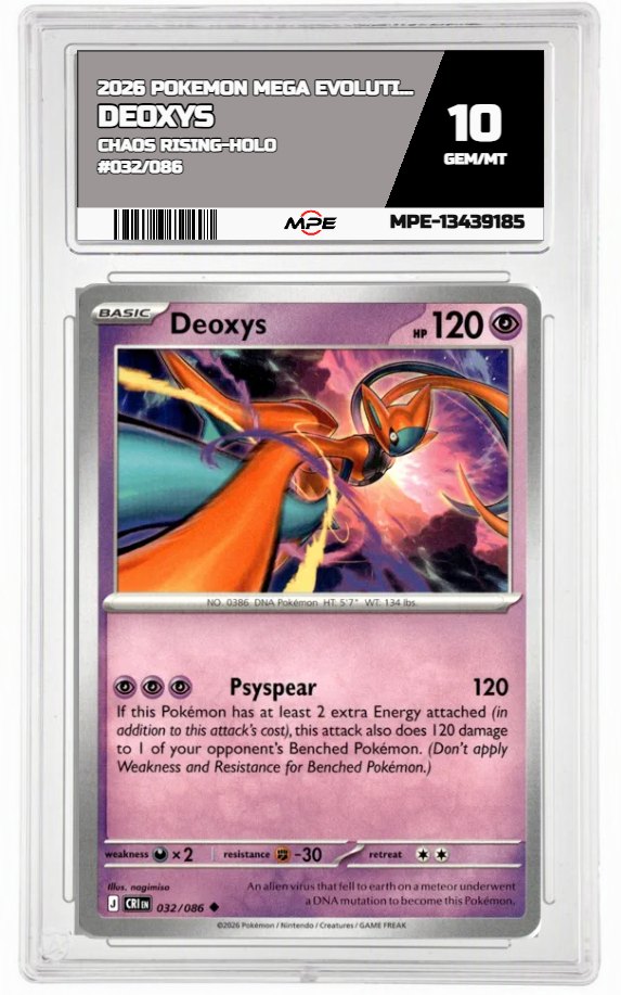 2026 POKEMON MEGA EVOLUTION CHAOS RISING-HOLO #032/086 Deoxys MPE 10 GEM/MT — graded card auctioned from the MPE vault