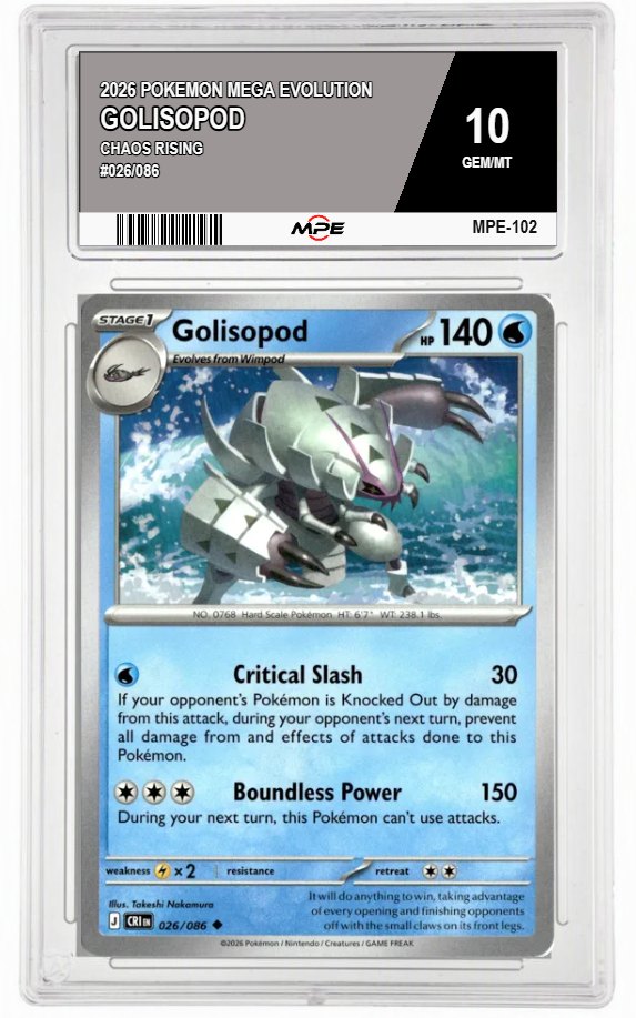 2026 POKEMON MEGA EVOLUTION CHAOS RISING #026/086 GOLISOPOD MPE 10 GEM/MT — graded card auctioned from the MPE vault