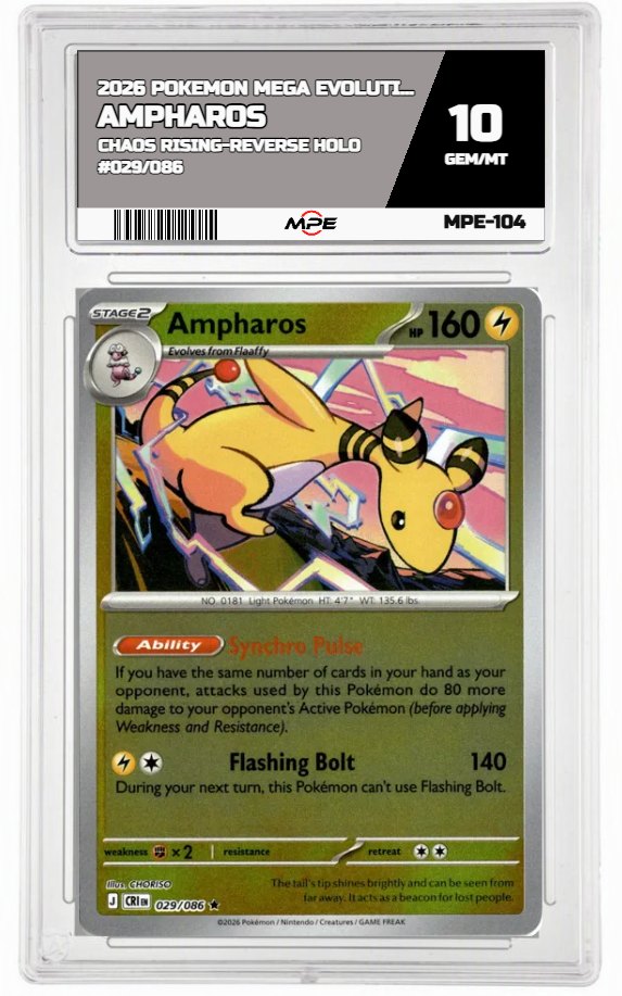 2026 POKEMON MEGA EVOLUTION CHAOS RISING-REVERSE HOLO #029/086 Ampharos MPE 10 GEM/MT — graded card auctioned from the MPE vault